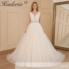 HEULORIA A-line V-Neck Sweep Train Lace Tulle Wedding Dress With Sequins Beading AL-611
