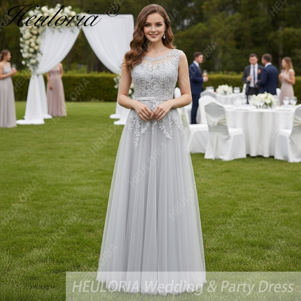 HEULORIA Long Bridemaid dress round neck lace beads tulle party dress formal dress ED-75P