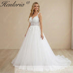 HEULORIA Enchanting Leaf Lace A-Line Wedding Dress - Shimmering Tulle & Plunging Illusion V-Neck AL-1010