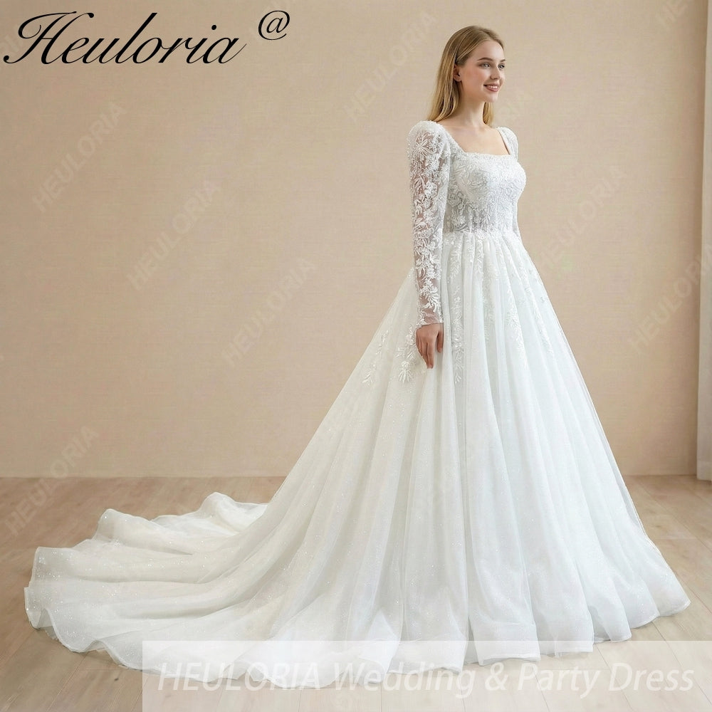 HEULORIA Elegant Square Neck Long Sleeve Lace A-Line Wedding Dress with Shimmer Tulle and Cathedral Train BA-1210