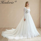 HEULORIA Elegant Square Neck Long Sleeve Lace A-Line Wedding Dress with Shimmer Tulle and Cathedral Train BA-1210