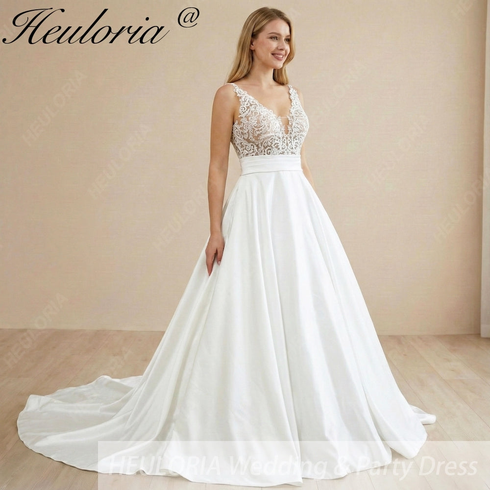 HEULORIA Exquisite Deep V-Neck Lace Applique Satin A-Line Wedding Dress with Cathedral Train AL-1030