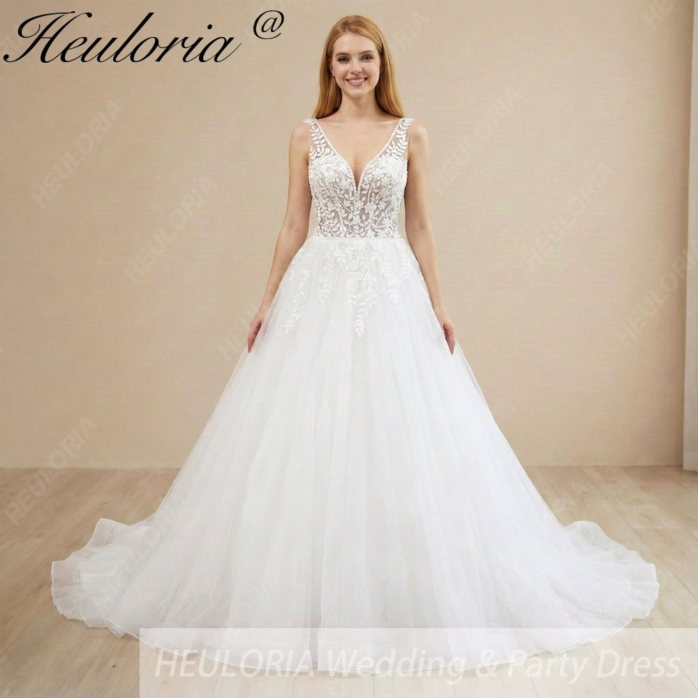 Heuloria Leafy Floral Lace V-Neck Wedding Dress: Shimmering Glitter Tulle A-Line Gown with Corset Back AL-970