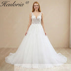 Heuloria Leafy Floral Lace V-Neck Wedding Dress: Shimmering Glitter Tulle A-Line Gown with Corset Back AL-970