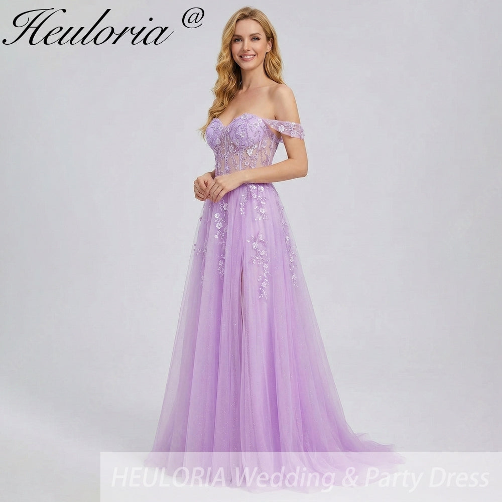 HEULORIA Lilac Off-The-Shoulder Sweetheart Prom Dress with 3D Floral Appliques & Corset Bodice ED-338