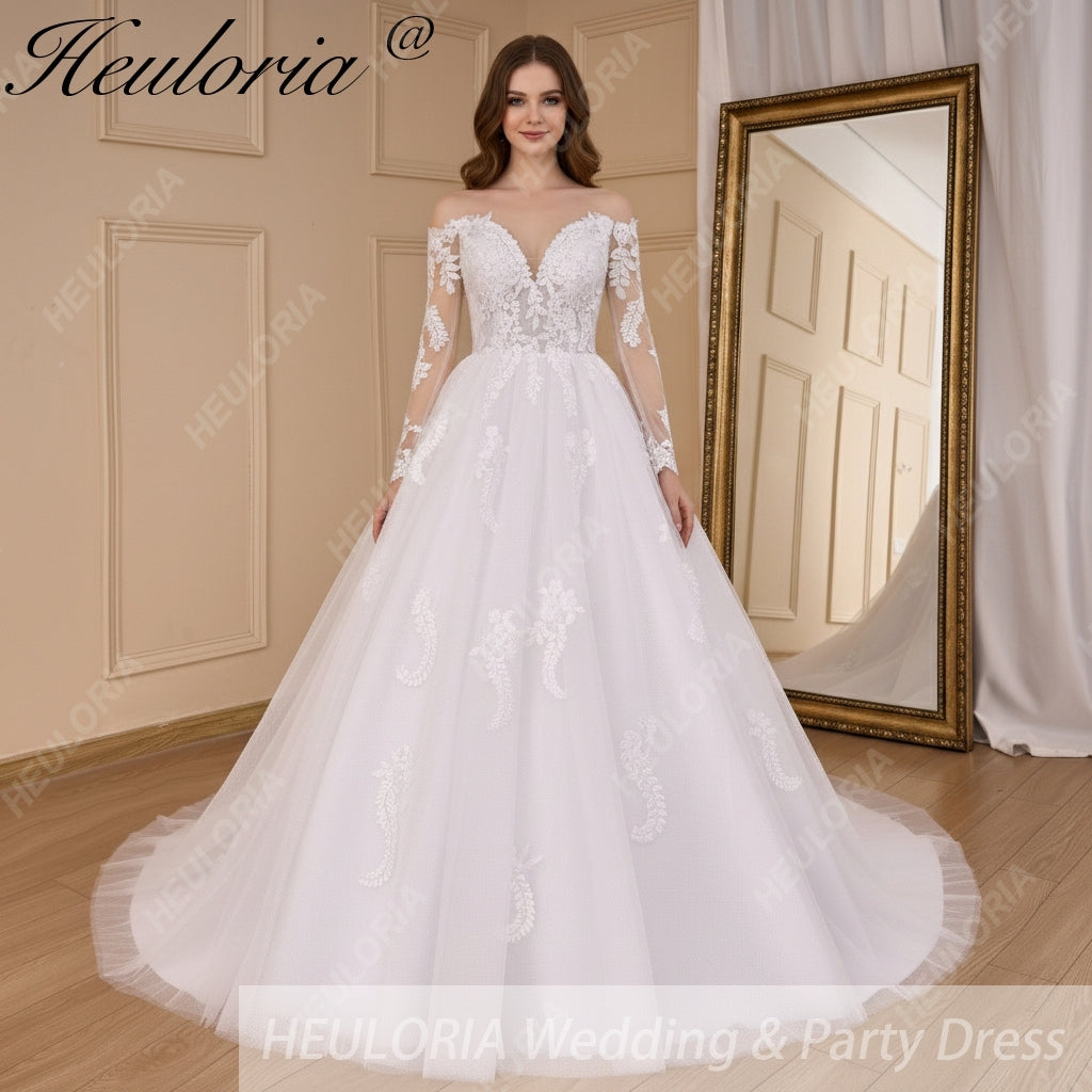 HEULORIA elegant A line wedding dress off shoulder Sparkly Glitter lace bridal dress long sleeve Robe De Mariee Wedding Bride Dress long train AL-817