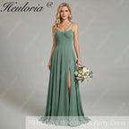 HEULORIA Eucalyptus A-Line Spaghetti Straps Pleated Chiffon Bridesmaid Dress With Slit ED-244
