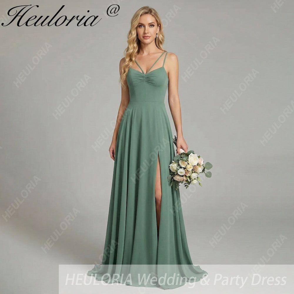 HEULORIA Eucalyptus A-Line Spaghetti Straps Pleated Chiffon Bridesmaid Dress With Slit ED-244