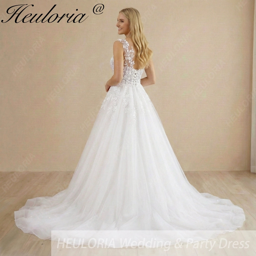 HEULORIA Ethereal Illusion V-Neck Floral Lace Wedding Dress - Shimmer Tulle A-Line Bridal Gown AL-1099