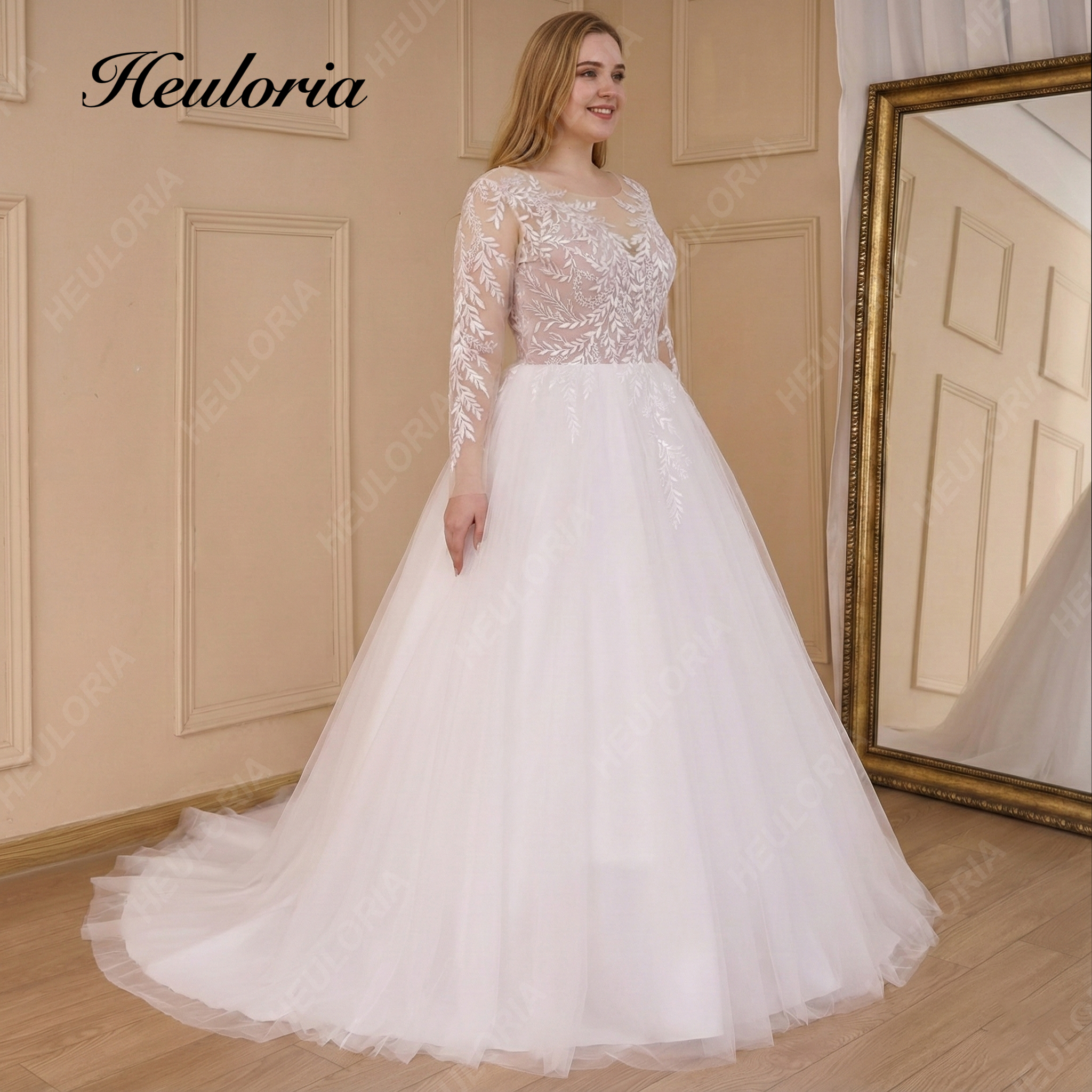 HEULORIA Elegant Leafy Lace Long Sleeve Wedding Dress - Illusion V-Neckline Ballgown with Sweep Train AL-801