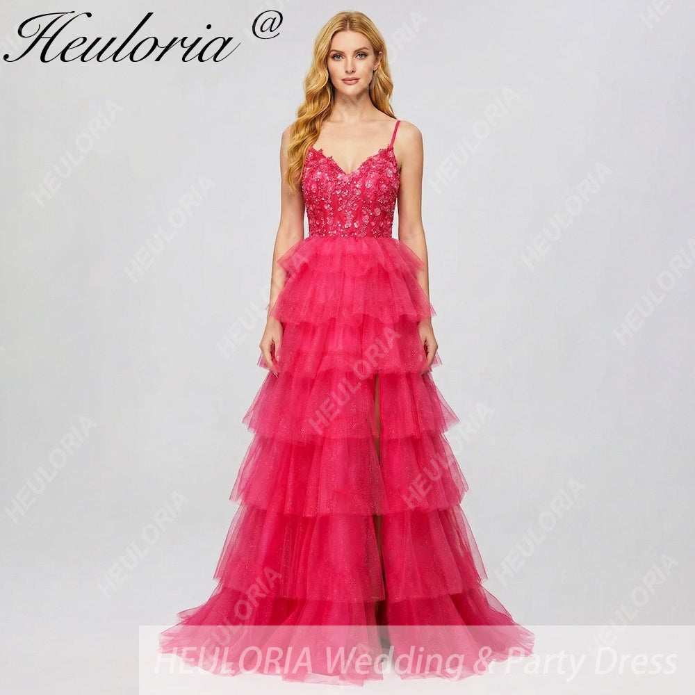 HEULORIA Fuchsia V-Neck Tiered Tulle Prom Dress with Sequin Floral Bodice and Lace-Up Back ED-222