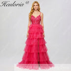 HEULORIA Fuchsia V-Neck Tiered Tulle Prom Dress with Sequin Floral Bodice and Lace-Up Back ED-222