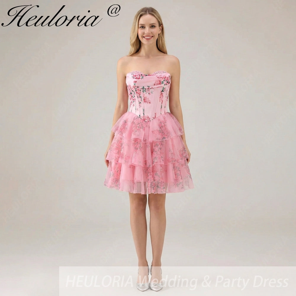 HEULORIA Strapless Sweetheart Floral Corset Mini Dress with Tiered Ruffle Skirt ED-280