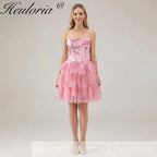 HEULORIA Strapless Sweetheart Floral Corset Mini Dress with Tiered Ruffle Skirt ED-280
