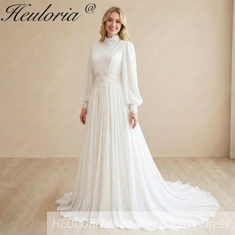 HEULORIA Victorian-Inspired High Neck Lace Wedding Dress - Ethereal Bishop Sleeves & Pleated Chiffon Bridal Gown AL-358