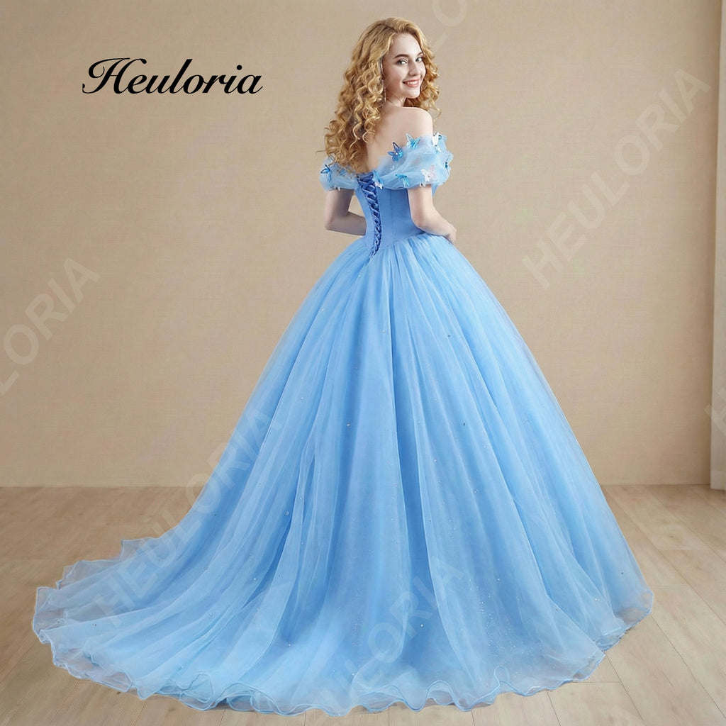 HEULORIA Cinderella Blue Butterfly Ball Gown - Off-the-Shoulder Tulle Quinceañera Prom Dress with Corset Back BA-1310