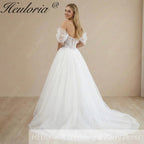 HEULORIA Ethereal Leaf Embroidery Wedding Dress: Sweetheart Corset Bodice with Detachable Puff Sleeves AL-1035
