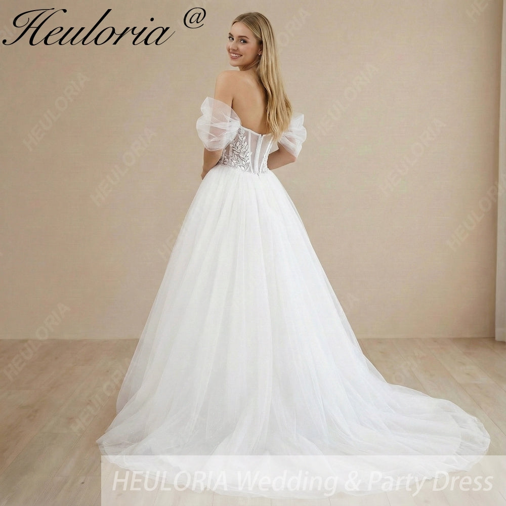 HEULORIA Ethereal Leaf Embroidery Wedding Dress: Sweetheart Corset Bodice with Detachable Puff Sleeves AL-1035