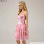 HEULORIA Strapless Sweetheart Floral Corset Mini Dress with Tiered Ruffle Skirt ED-280