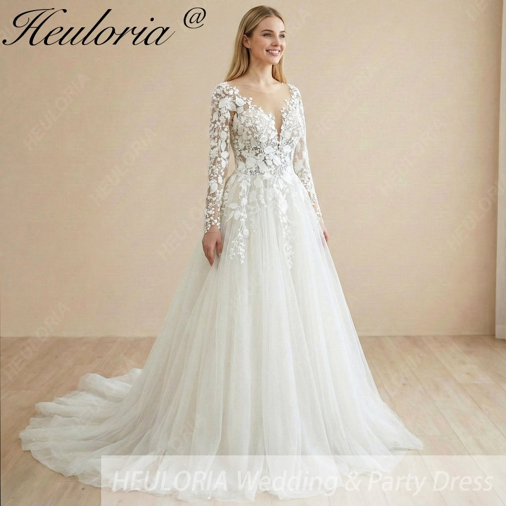 Heuloria Enchanting 3D Floral Lace A-Line Wedding Dress with Illusion Long Sleeves and Glitter Tulle AL-1093