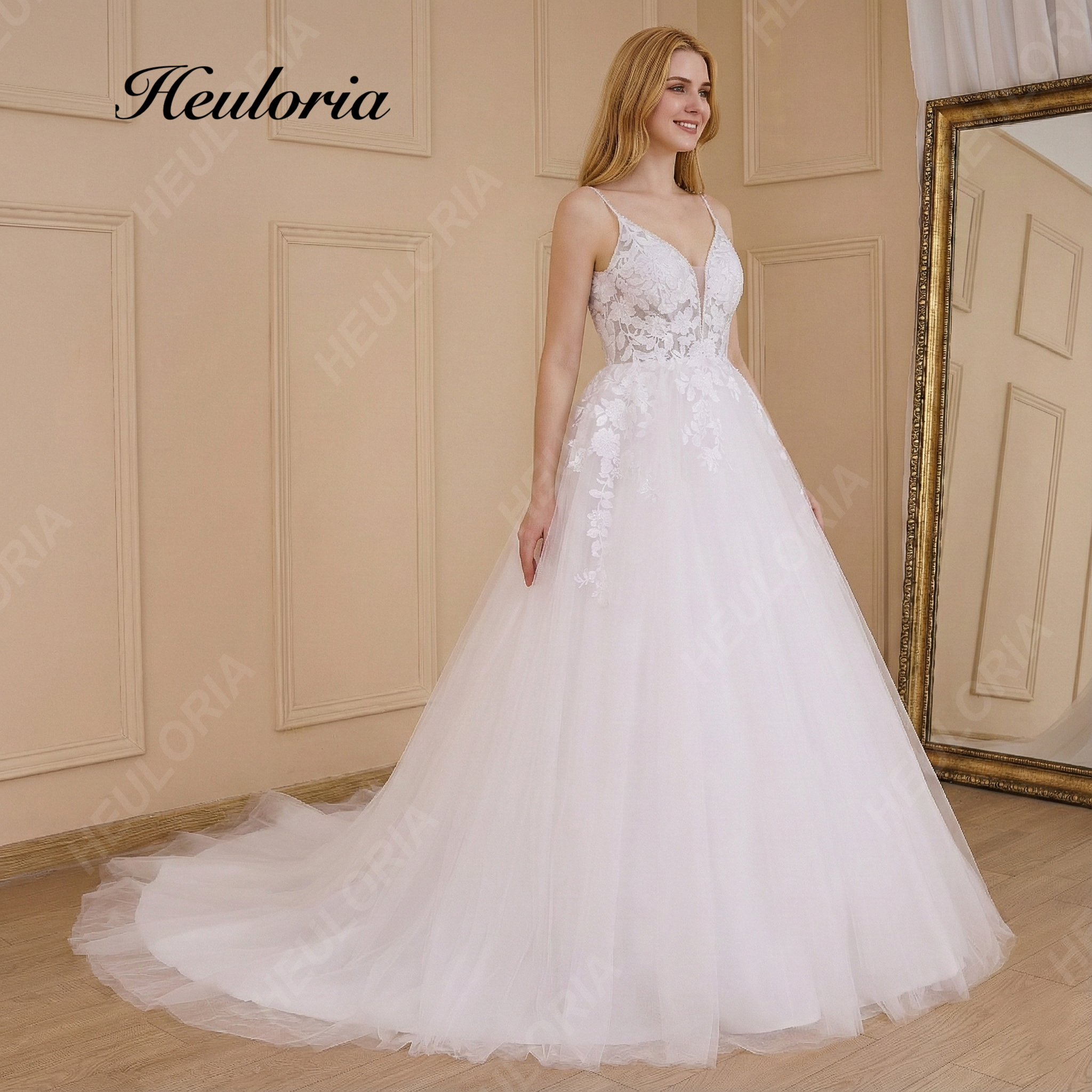 HEULORIA Romantic Lace A-Line Wedding Dress with Plunging V-Neck and Delicate Spaghetti Straps AL-635plus