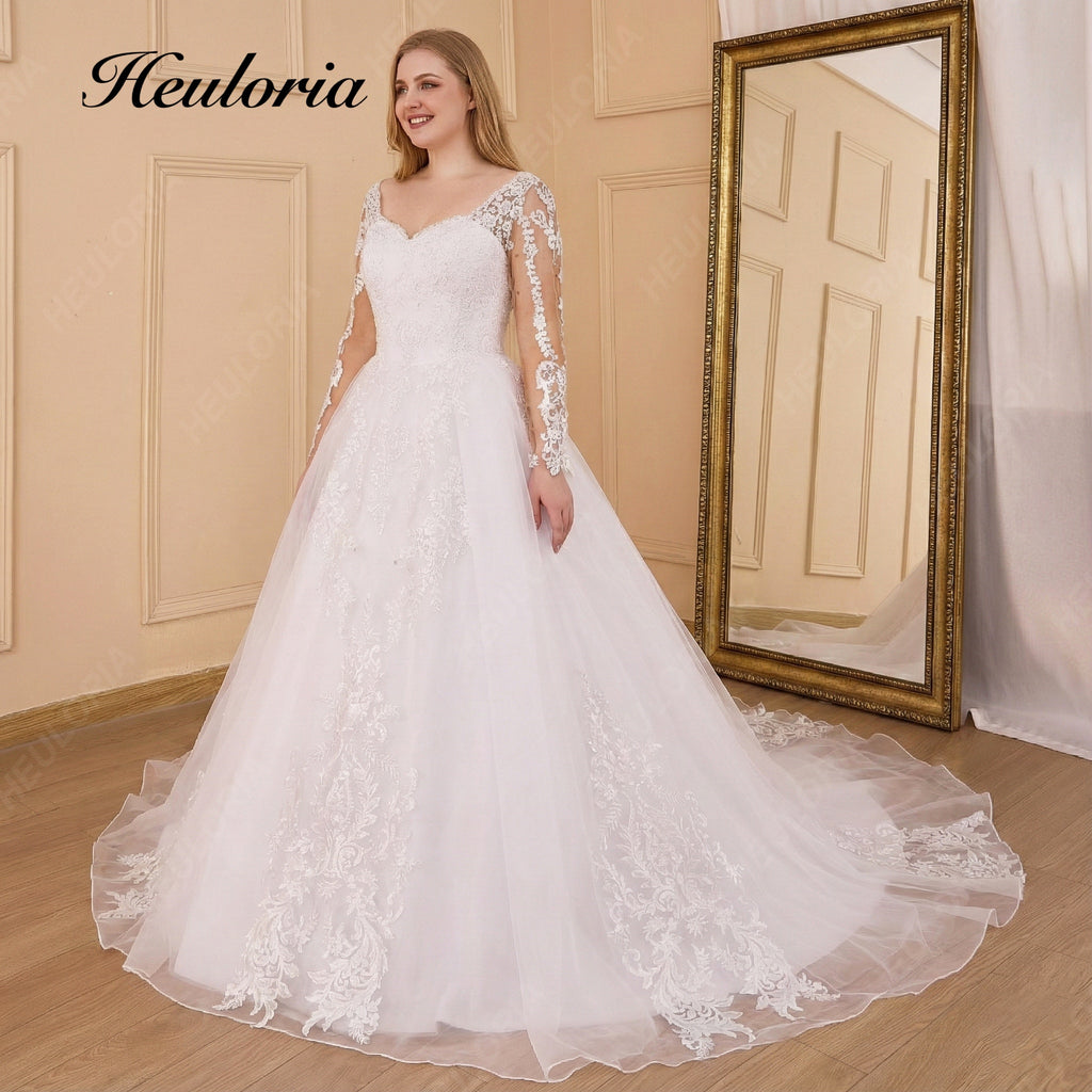 HEULORIA Elegant Sweetheart Neckline Wedding Dress plus size Illusion Lace Long Sleeves & Royal Train BA-827plus