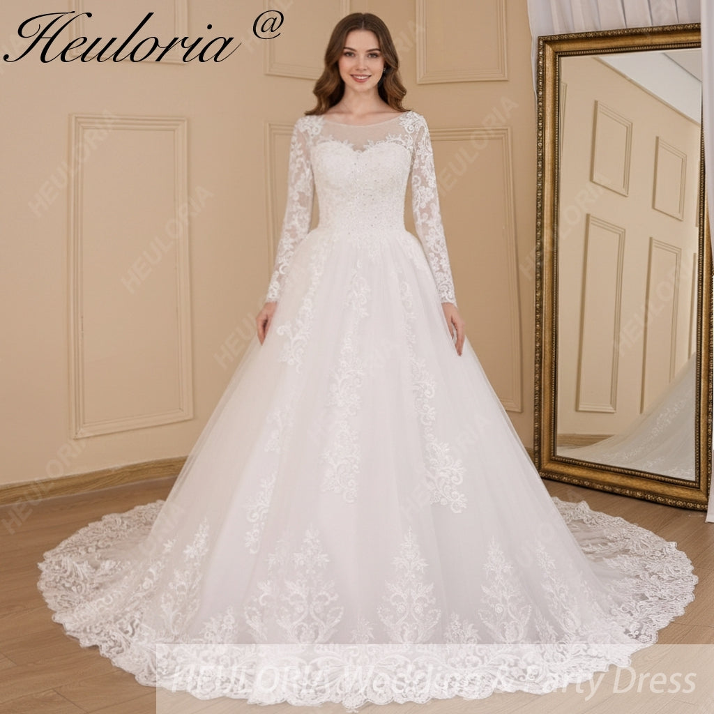 HEULORIA Princess Wedding Dress long sleeve lace beading robe de mariee Wedding Bridal Gown ball gown wedding dress plus size BA-617