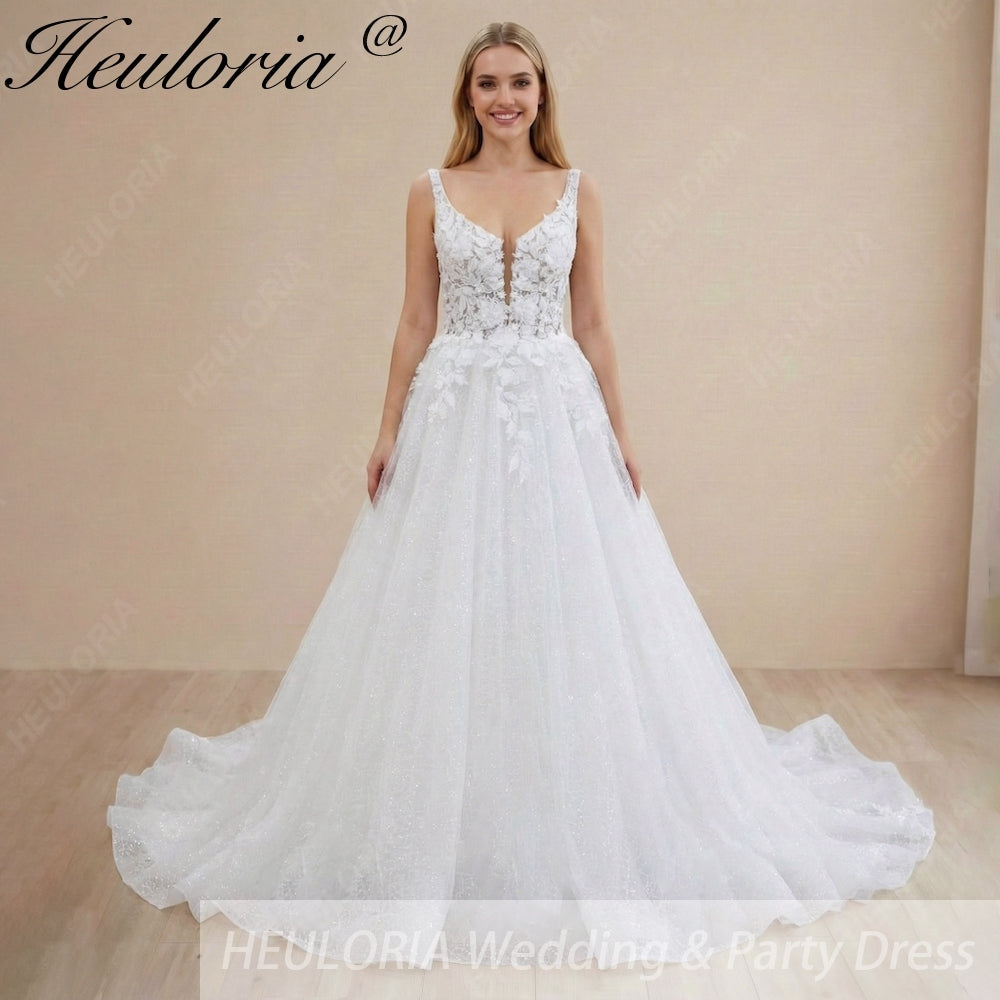 HEULORIA Romantic 3D Floral Lace A-Line Wedding Dress - Plunging V-Neck & Shimmering Tulle Skirt AL-1105