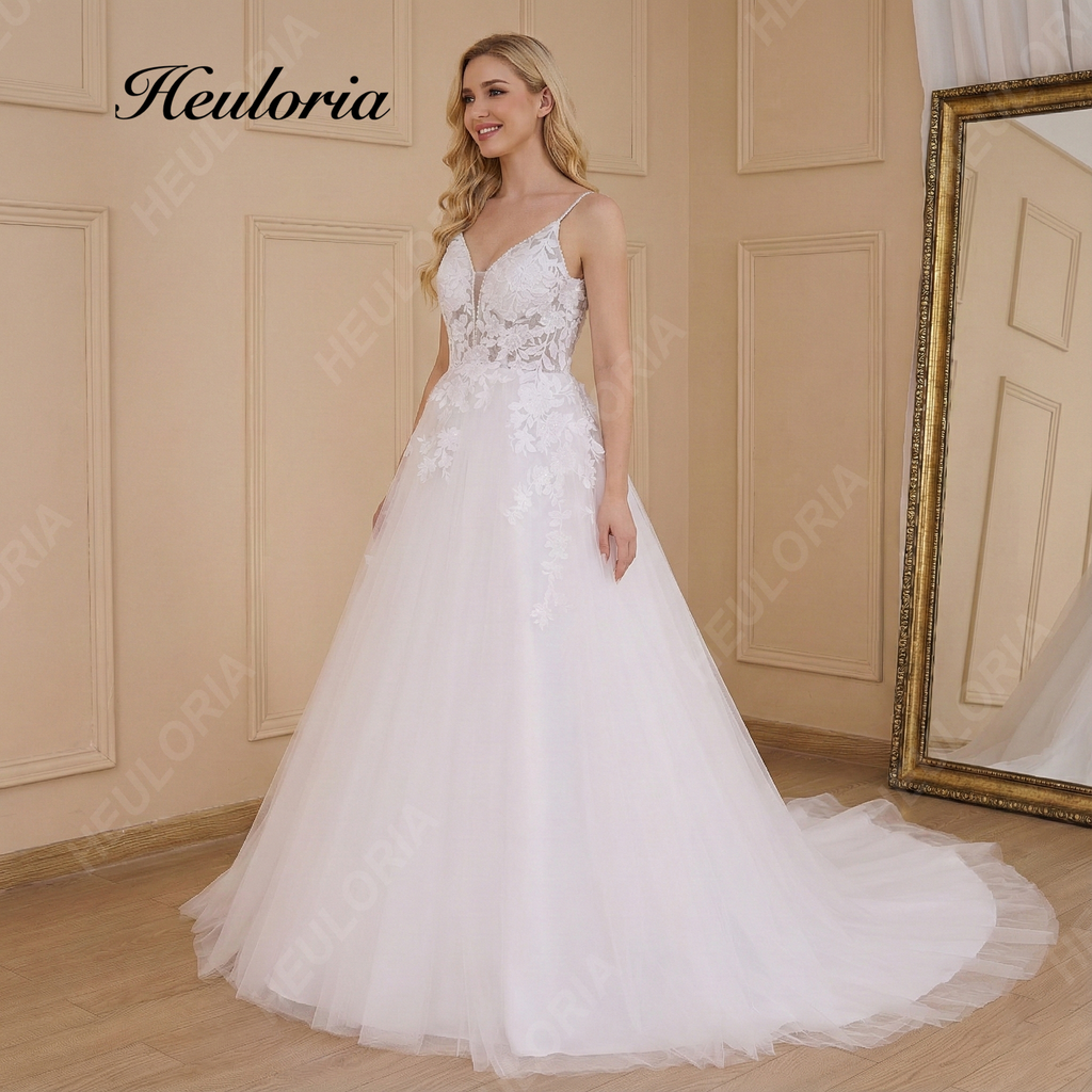 HEULORIA Romantic Lace A-Line Wedding Dress with Plunging V-Neck and Delicate Spaghetti Straps AL-635plus