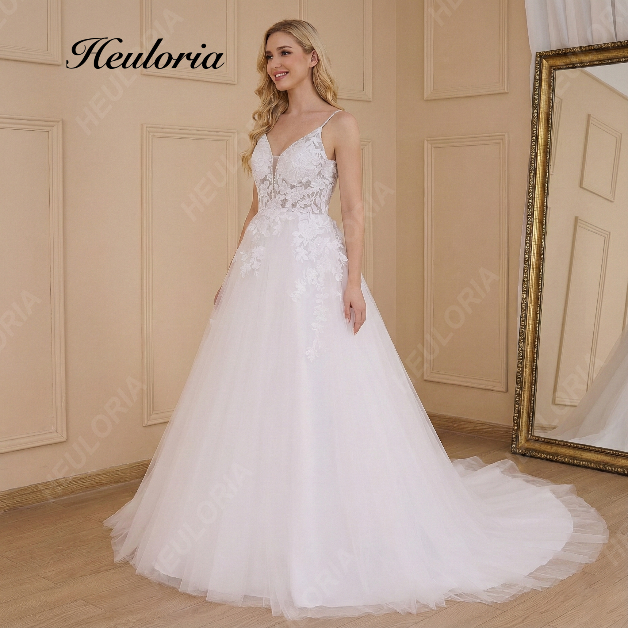 HEULORIA Romantic Lace A-Line Wedding Dress with Plunging V-Neck and Delicate Spaghetti Straps AL-635plus