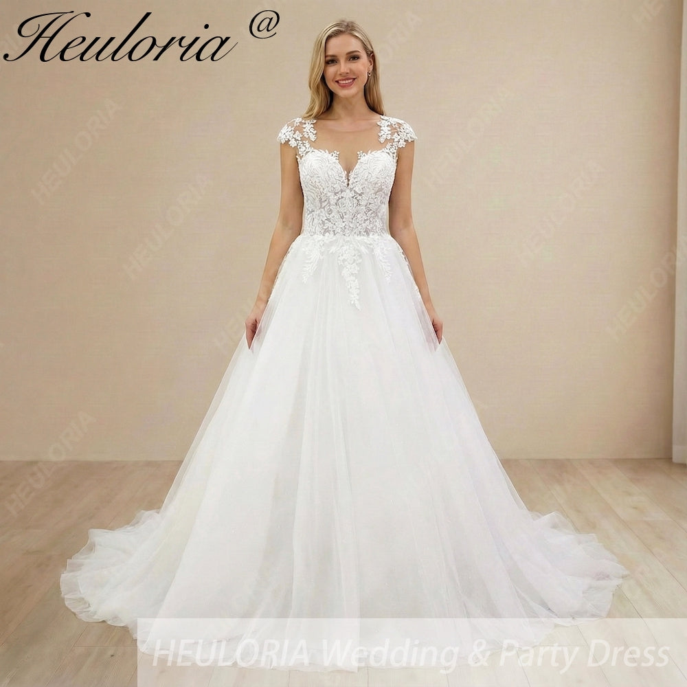 HEULORIA A line Wedding Dress V Neck Sleeveless Boho Lace Appliques Tulle Long Bridal Gowns  Customized AL-1000 Imagen principal del producto