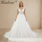 HEULORIA A line Wedding Dress V Neck Sleeveless Boho Lace Appliques Tulle Long Bridal Gowns  Customized AL-1000