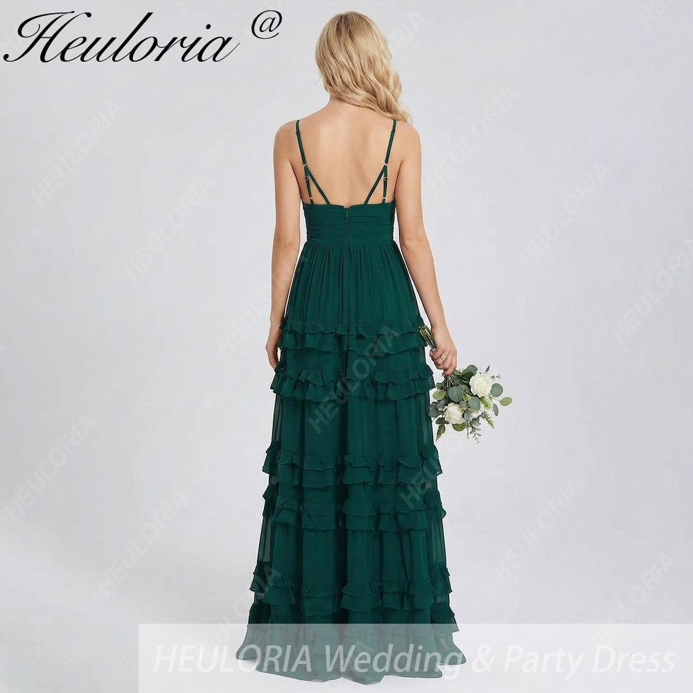 HEULORIA Dark Green Deep V-Neck Tiered Ruffle Chiffon Maxi Dress - Elegant Evening Gown ED-242