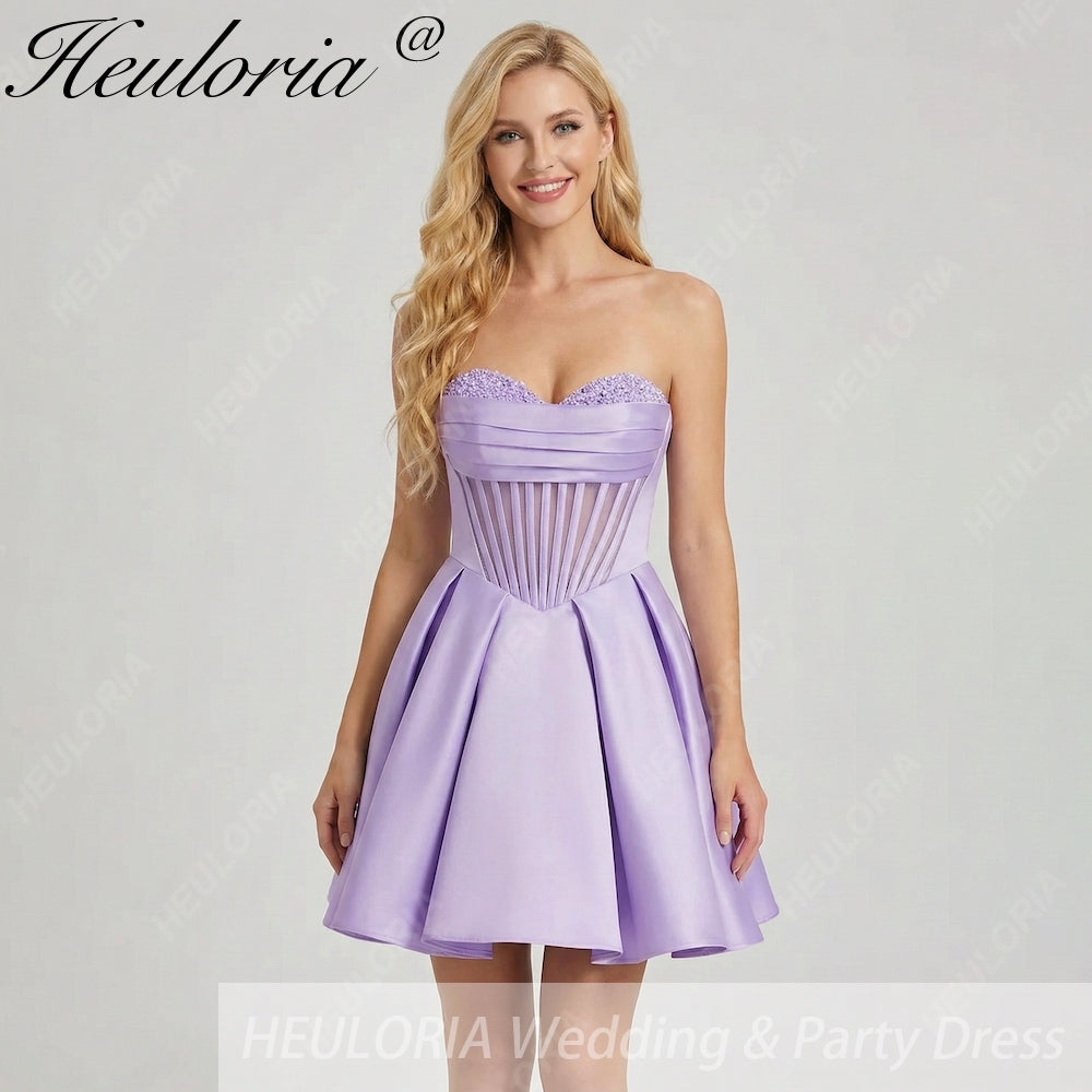 HEULORIA Sweetheart Strapless Corset Satin Mini Dress - Beaded Neckline A-Line Party Dress ED-270