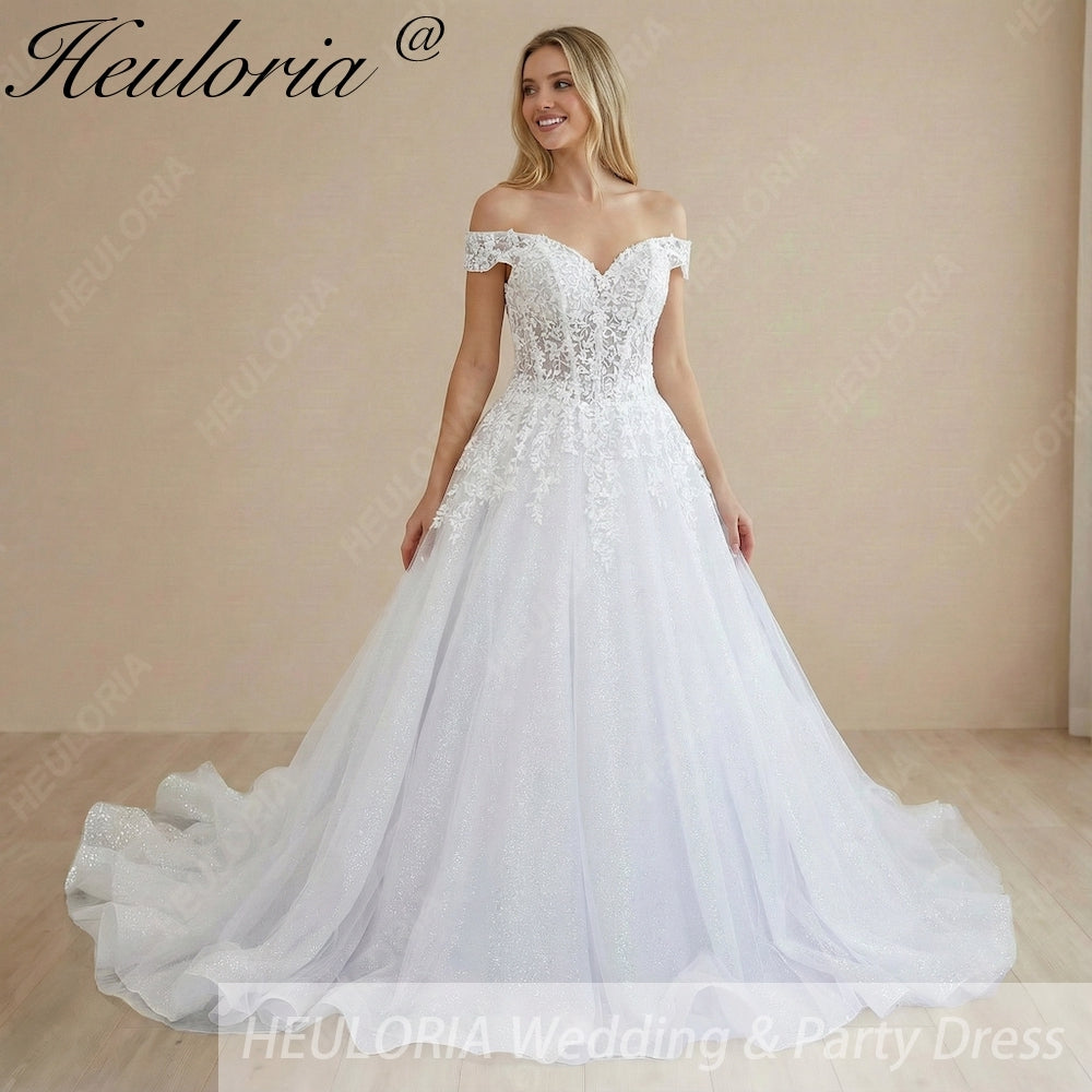 Heuloria Botanical Leaf Lace Corset Wedding Dress with Romantic Off-the-Shoulder Draped Sleeves BA-1084