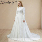 HEULORIA Victorian-Inspired High Neck Lace Wedding Dress with Elegant Puff Sleeves & Chapel Train muslim wedding dress  BA-1204