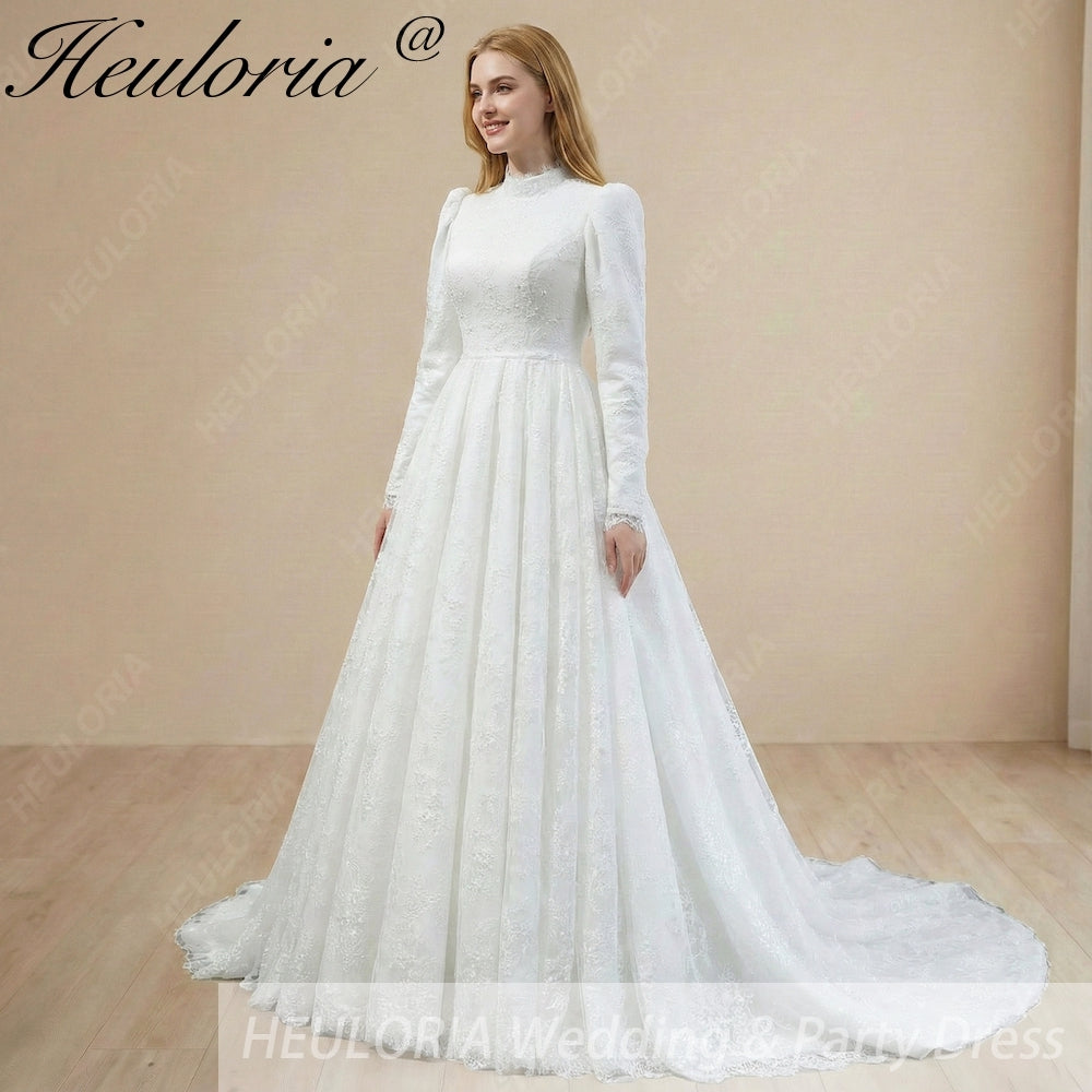 HEULORIA Victorian-Inspired High Neck Lace Wedding Dress with Elegant Puff Sleeves & Chapel Train muslim wedding dress  BA-1204