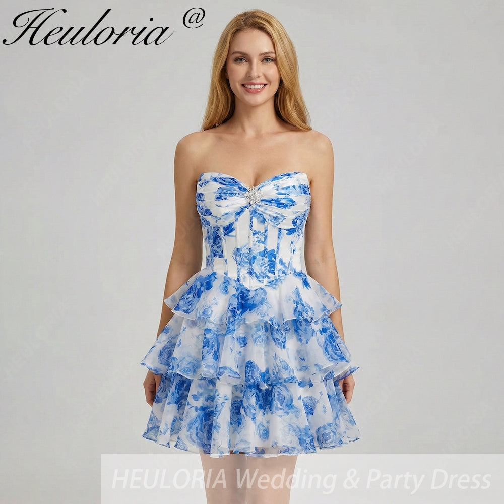 HEULORIA Enchanting Floral Print Strapless Tiered Ruffle Mini Dress - Corset Bodice with Crystal Brooch ED-291