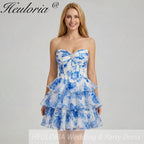 HEULORIA Enchanting Floral Print Strapless Tiered Ruffle Mini Dress - Corset Bodice with Crystal Brooch ED-291