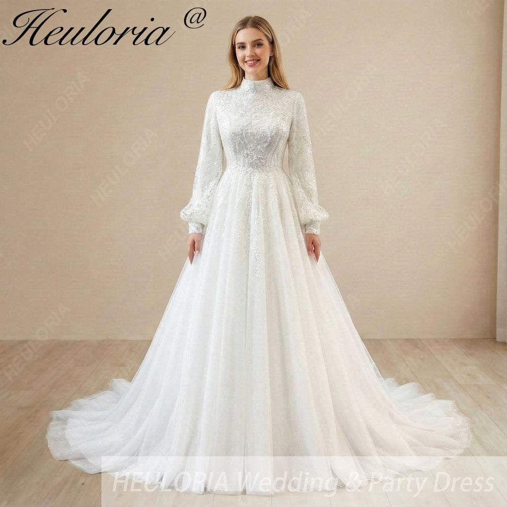 HEULORIA Elegant High-Neck Lace Wedding Dress with Romantic Bishop Sleeves and A-Line Train BA-1246
