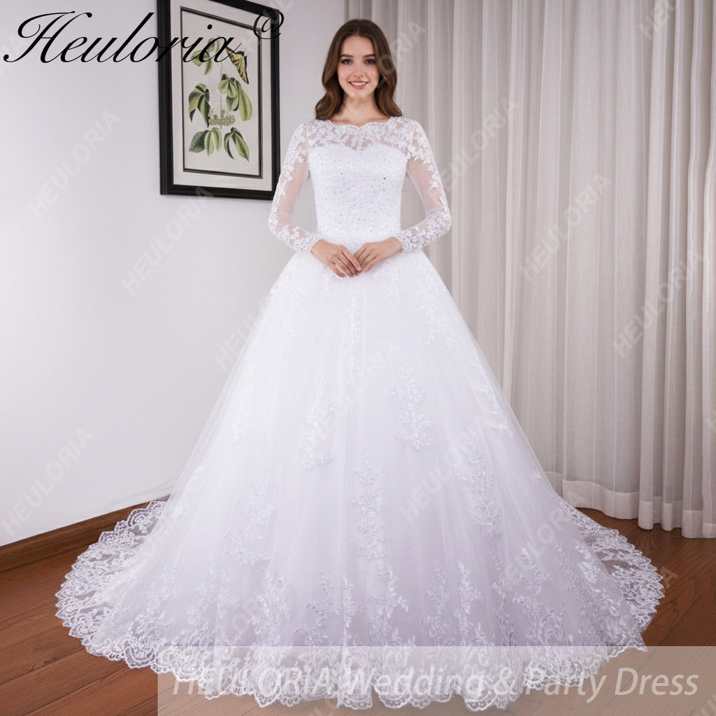 HEULORIA Princess Ball Gown Wedding Dress long sleeve bride dress O neck plus size robe de mariee Lace beading Bridal Gown BA-545
