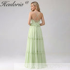 HEULORIA Sage Green Ruffled V-Neck Tiered Chiffon Maxi Dress with Lace-Up Back ED-375