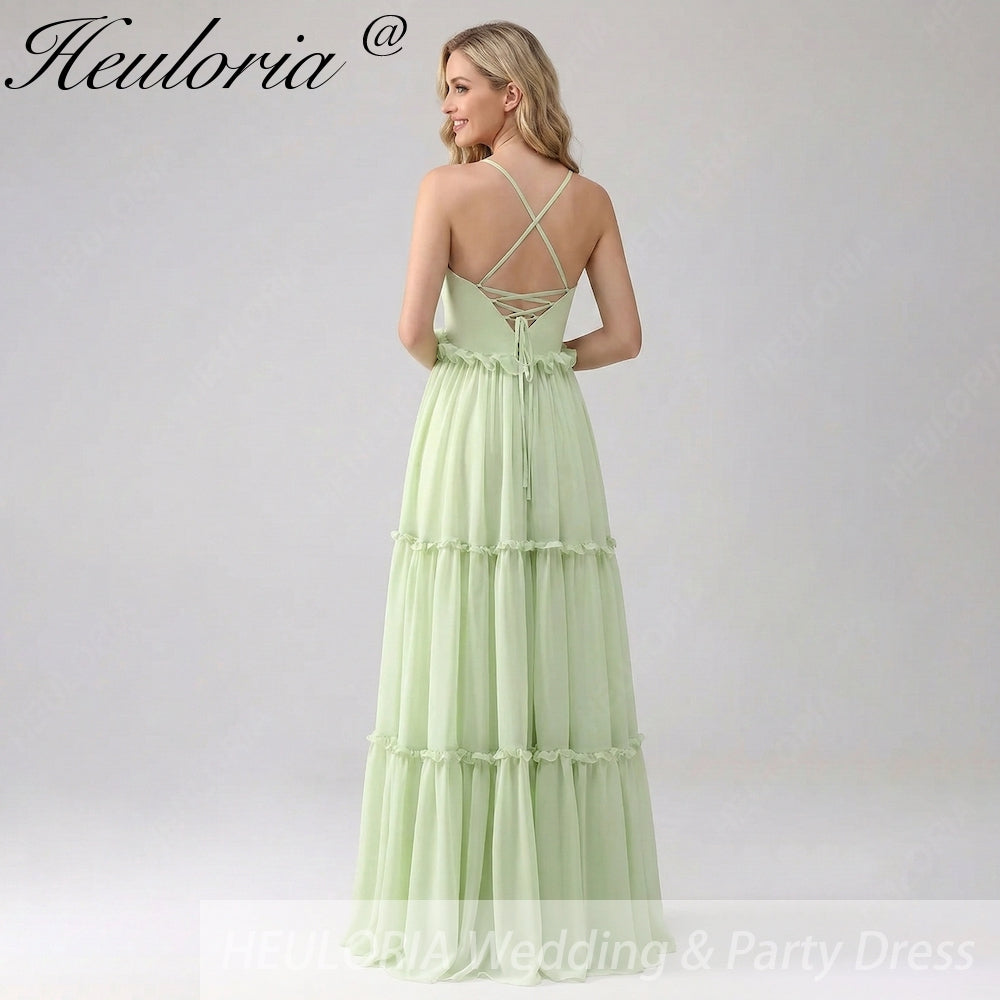 HEULORIA Sage Green Ruffled V-Neck Tiered Chiffon Maxi Dress with Lace-Up Back ED-375