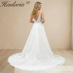 HEULORIA Romantic Boho A-Line Wedding Dress - Deep V-Neck Lace Bodice & Flowy Chiffon Skirt with Train AL-1066