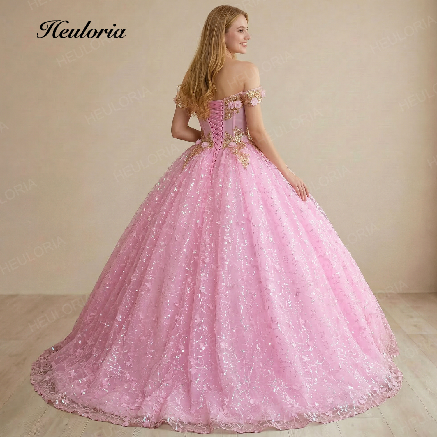 HEULORIA Enchanting Pink 3D Butterfly & Gold Lace Quinceañera Ball Gown - Illusion Corset Prom Dress BA-413