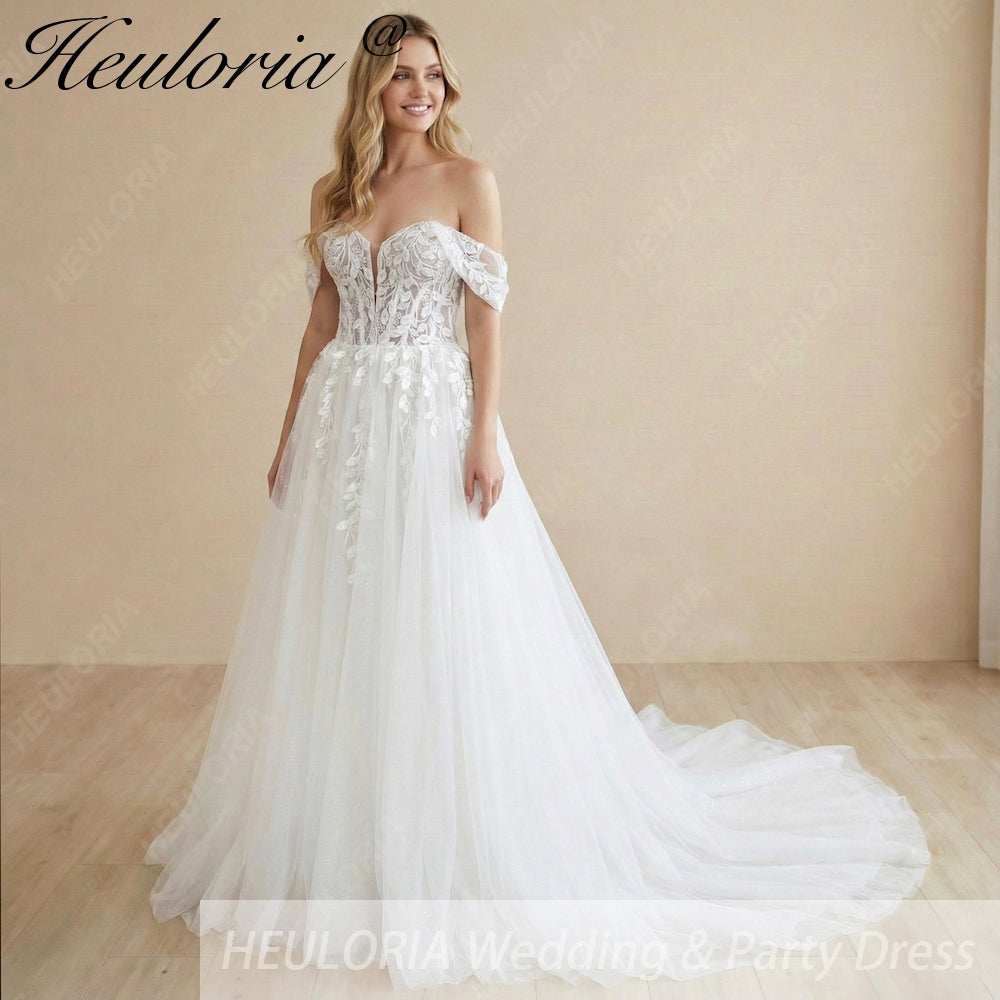 Heuloria Off-the-Shoulder Floral Lace Glitter Tulle A-Line Wedding Dress with Corset Bodice AL-1068