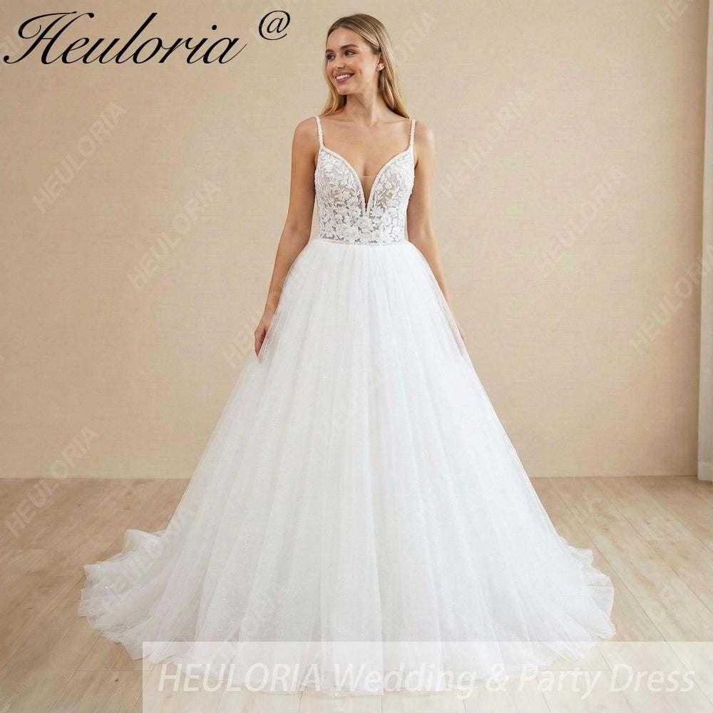HEULORIA Sparkling Floral Lace A-Line Wedding Dress with Plunging V-Neck and Delicate Spaghetti Straps AL-1064