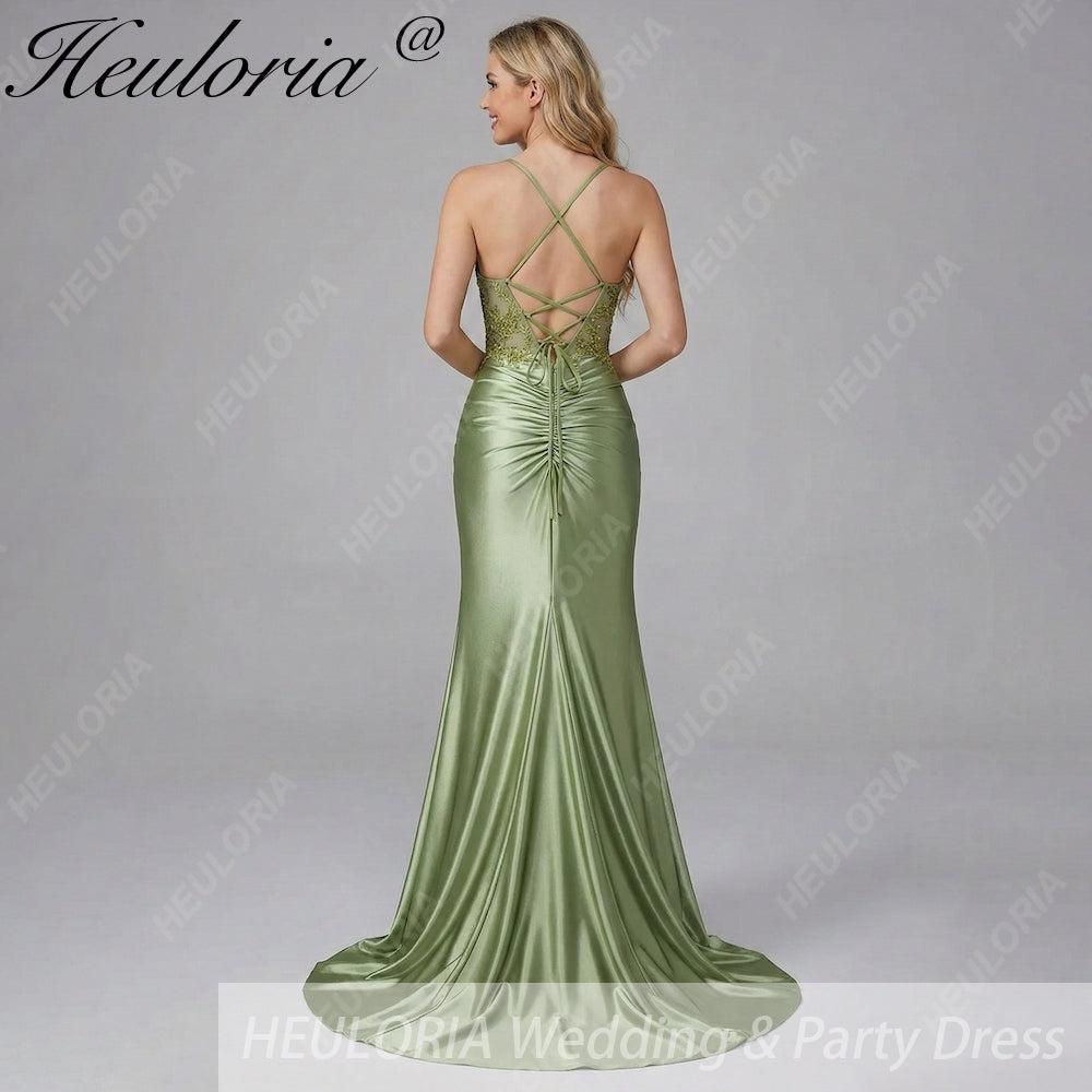 HEULORIA Sage Green Lace Applique Prom Dress: Spaghetti Straps Sweetheart Neckline with Side Slit ED-216