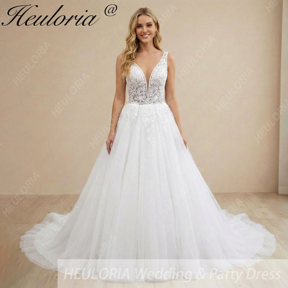 HEULORIA Elegant Plunging V-Neck Floral Lace A-Line Wedding Dress with Shimmer Tulle & Long Train AL-1056