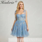 HEULORIA Floral Embroidered Tulle Mini Dress - Sweetheart Corset Bodice with Sheer Tie-Shoulder Straps ED-273